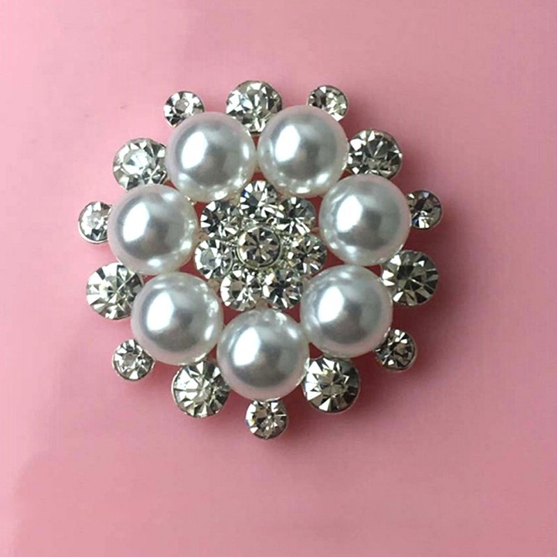 Stock 25mm High quality Pearl and Rhinestone Buttons Set In Silver Tone Metal Buttons with shank for DIY Embellishments 28MM