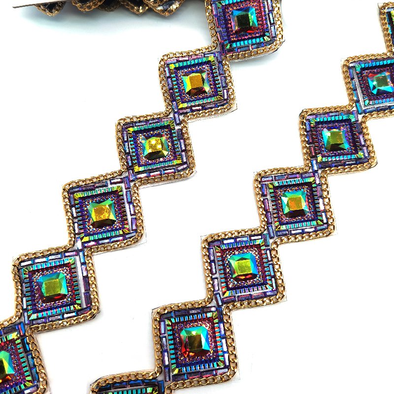 Custom crystal rhinestone dark blue ab applique trim iron on patch trimming for Bahamas carnival outfit project costumes