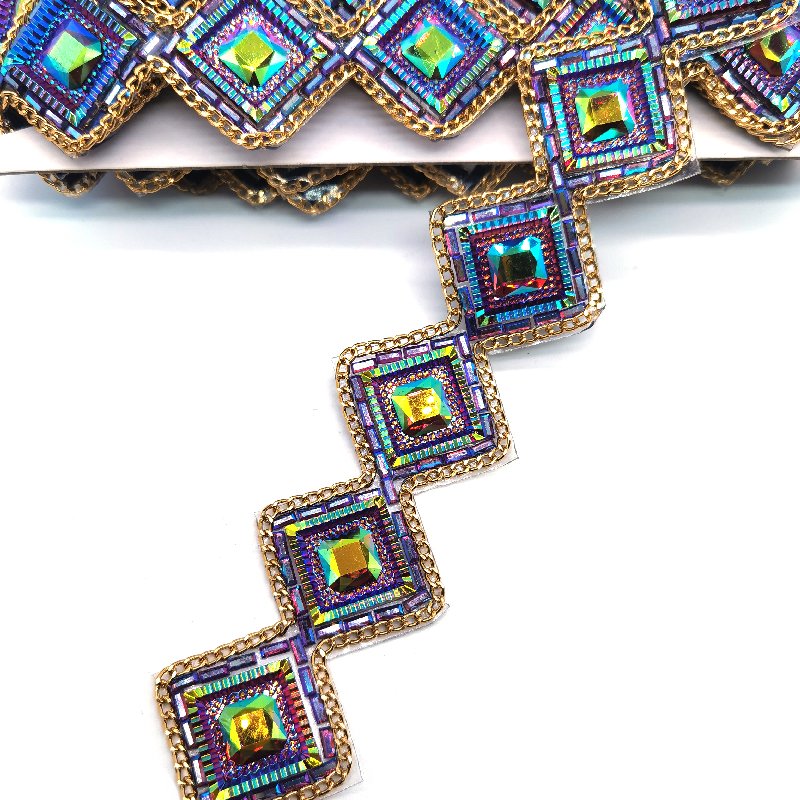 Custom crystal rhinestone dark blue ab applique trim iron on patch trimming for Bahamas carnival outfit project costumes