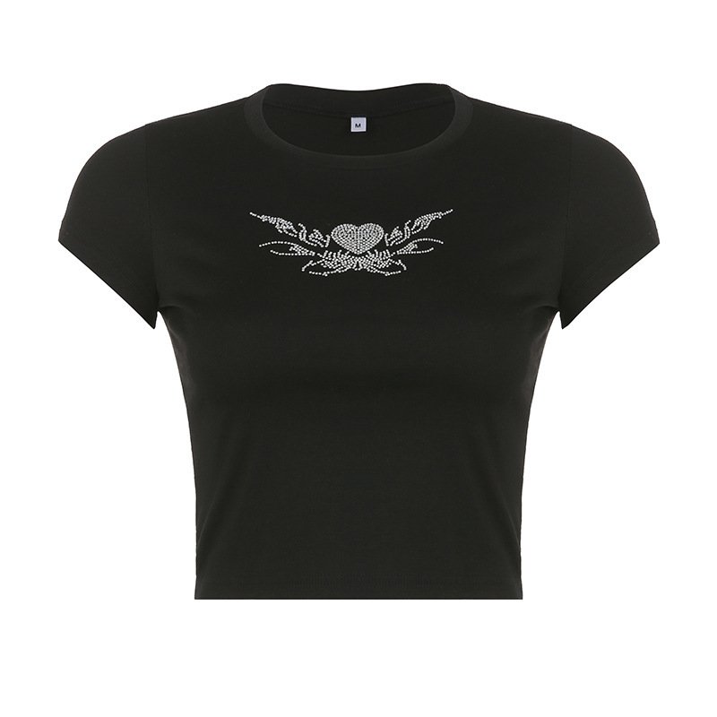 Summer Crop Tops Streetwear Short Sleeve O Neck Solid T Shirt Female Baby Tee Crop Top Rhinestone