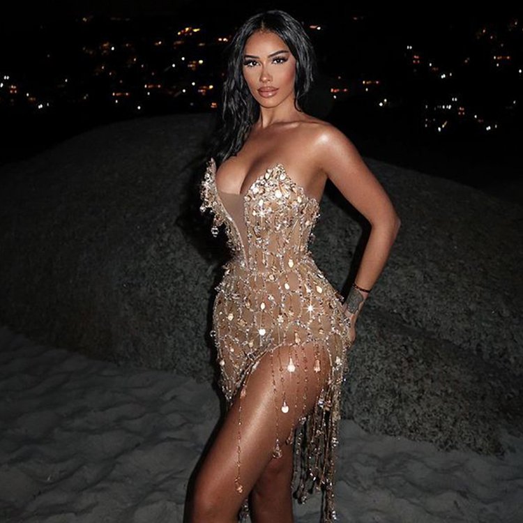 Party Sexy Deep V Neck Strapless Sleeveless Rhinestone Sequined Mesh Short Evening Dresses