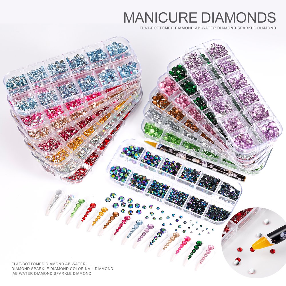 2Pcs/Set Nail Rhinestones 3D Crystal AB DIY Nail Art Decorations Gems Glitter Multi-Size Including Pickup Pencil Tools
