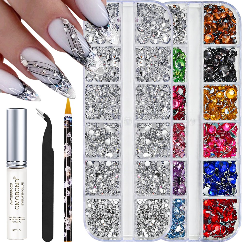 5Pcs/kit Nail Art Rhinestones Mix Sizes ss6-ss30 Colorful Round Mini Nail Crystal With Wax Pencil/Tweezers/Glue Rhinestone Decor