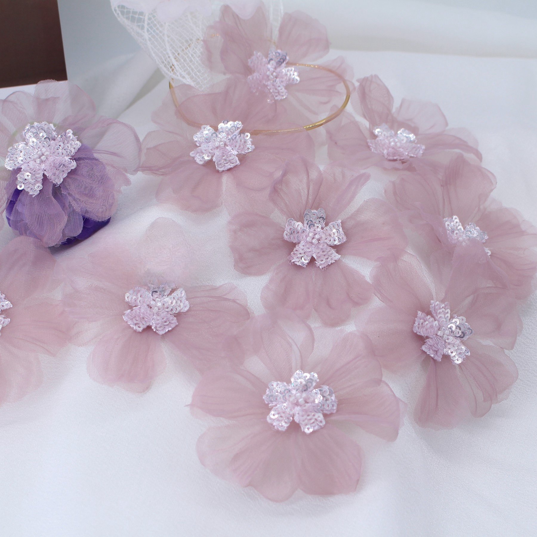 affinity dress colorful floral applique organza feather 3d sequined flowers patch rhinestone bridal flower pieces