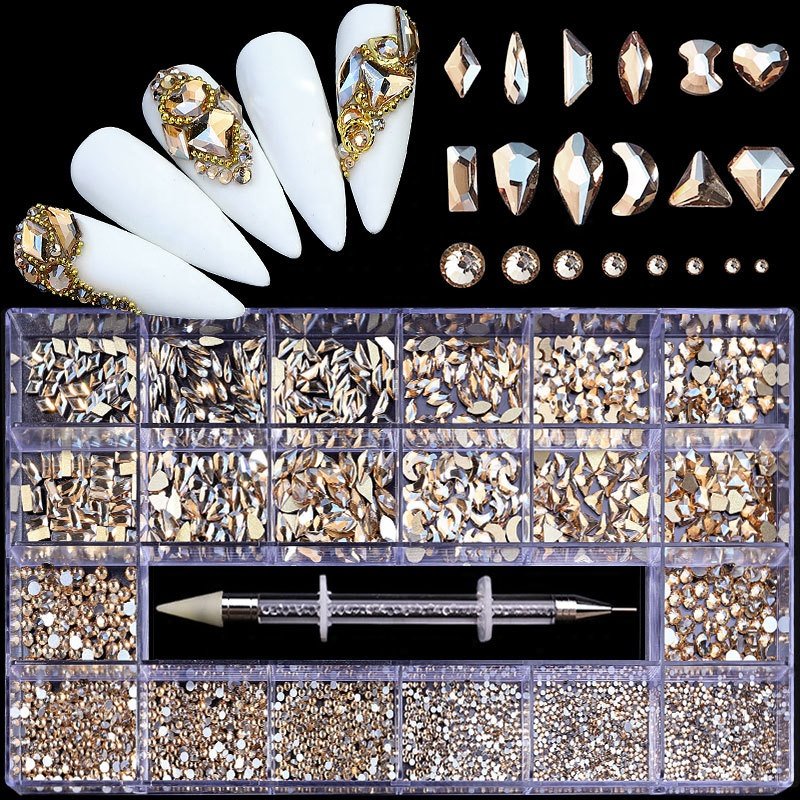 Diy 21 Grid Boxed Nail Art Rhinestone Kits Flatback Nail Gems Multi Shapes Glass Crystal AB Rhinestones for Nail Art