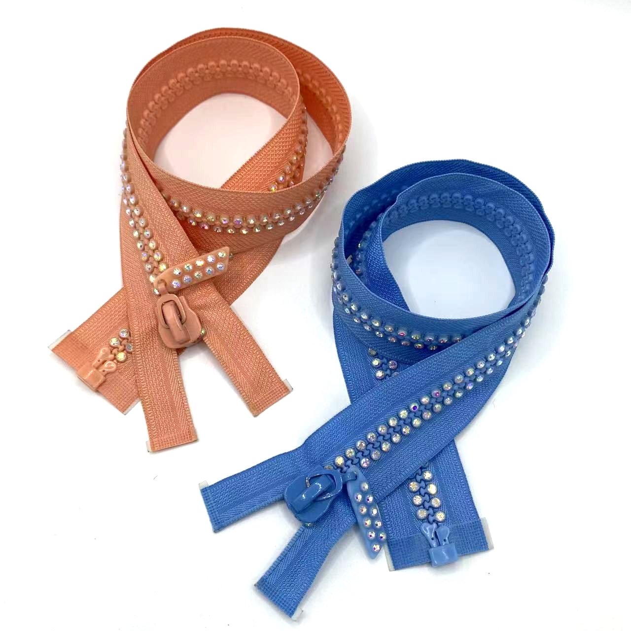 Wholesale custom colorful diamond/rhinestone open-end plastic zippers & accessories