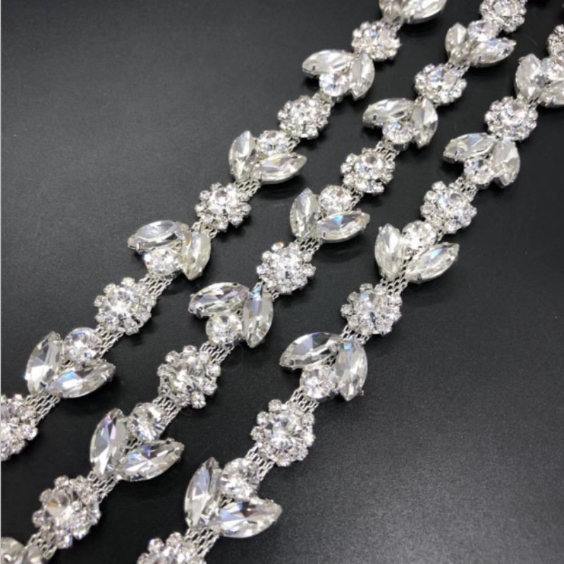 Junjiao Crystal Rhinestone Chain Trimming Sew On Navette Chain For Wedding Applique Clothing Decoration