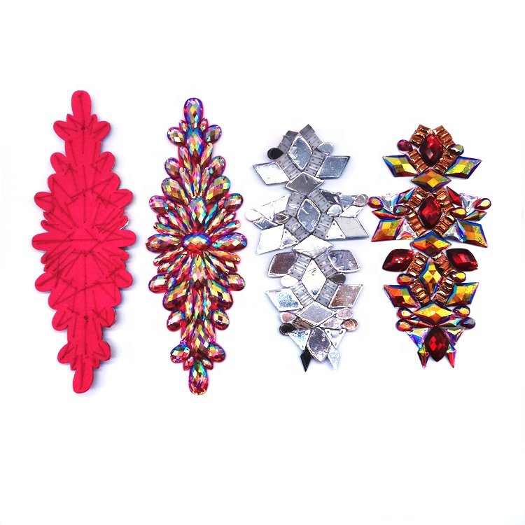 customized carnival costume handmade sewing acrylic rhinestone appliques patch gel back red AB iridescent appliques iron on