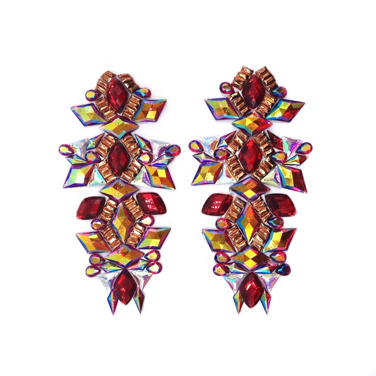 customized carnival costume handmade sewing acrylic rhinestone appliques patch gel back red AB iridescent appliques iron on