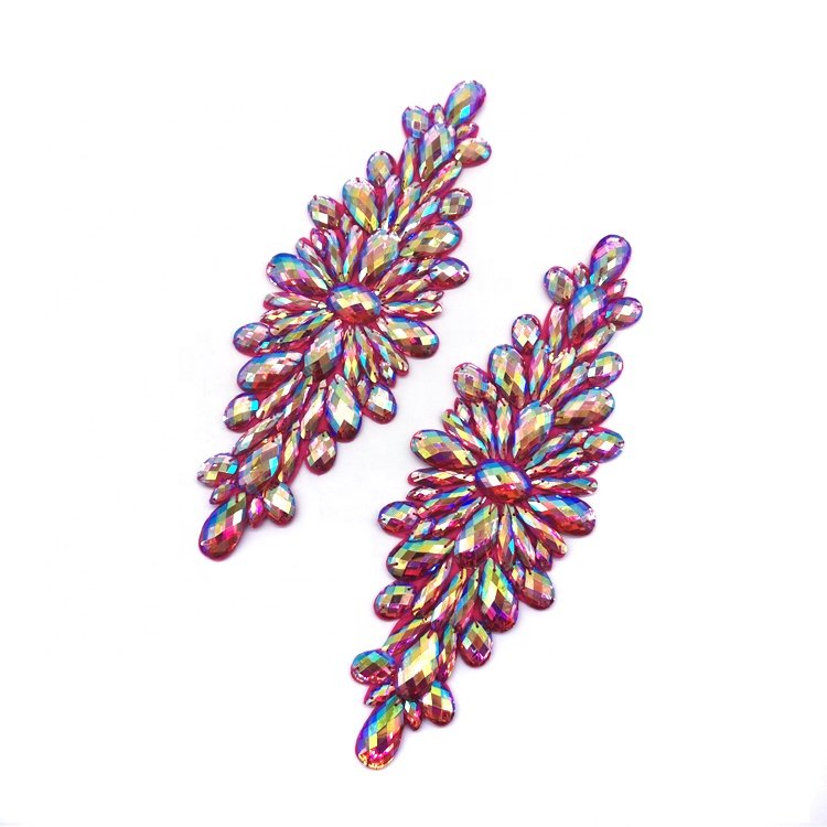 customized carnival costume handmade sewing acrylic rhinestone appliques patch gel back red AB iridescent appliques iron on
