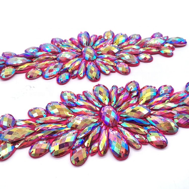 customized carnival costume handmade sewing acrylic rhinestone appliques patch gel back red AB iridescent appliques iron on