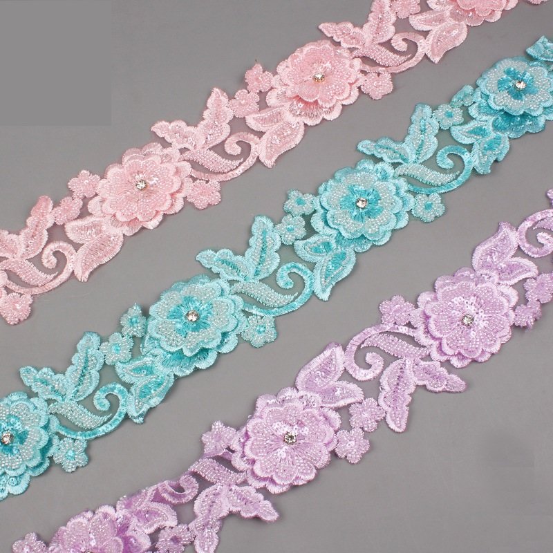 Luxury Sewing Textile Mesh Embroidery Fabric Car Bone Seed Bead 3d Flower Skirt Dress Costume Crystal Rhinestones Lace Trim