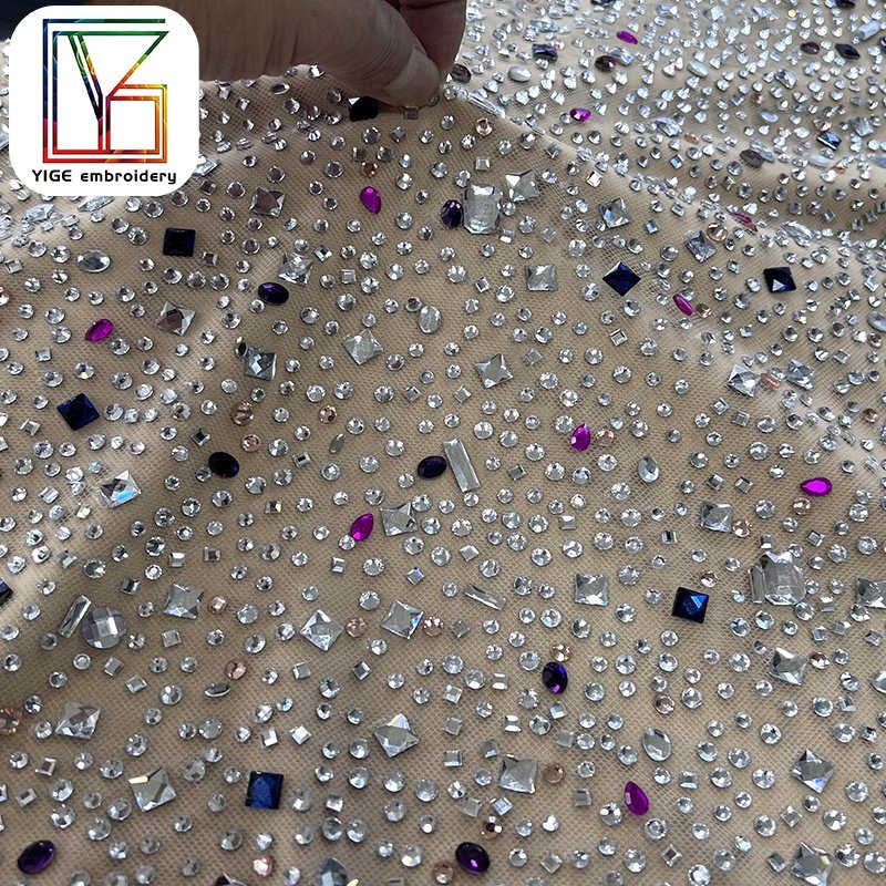 New womens swarovski crystal lace fabric Popular stone handmade crystal tulle lace rhinestone fabric