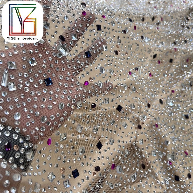 New womens swarovski crystal lace fabric Popular stone handmade crystal tulle lace rhinestone fabric
