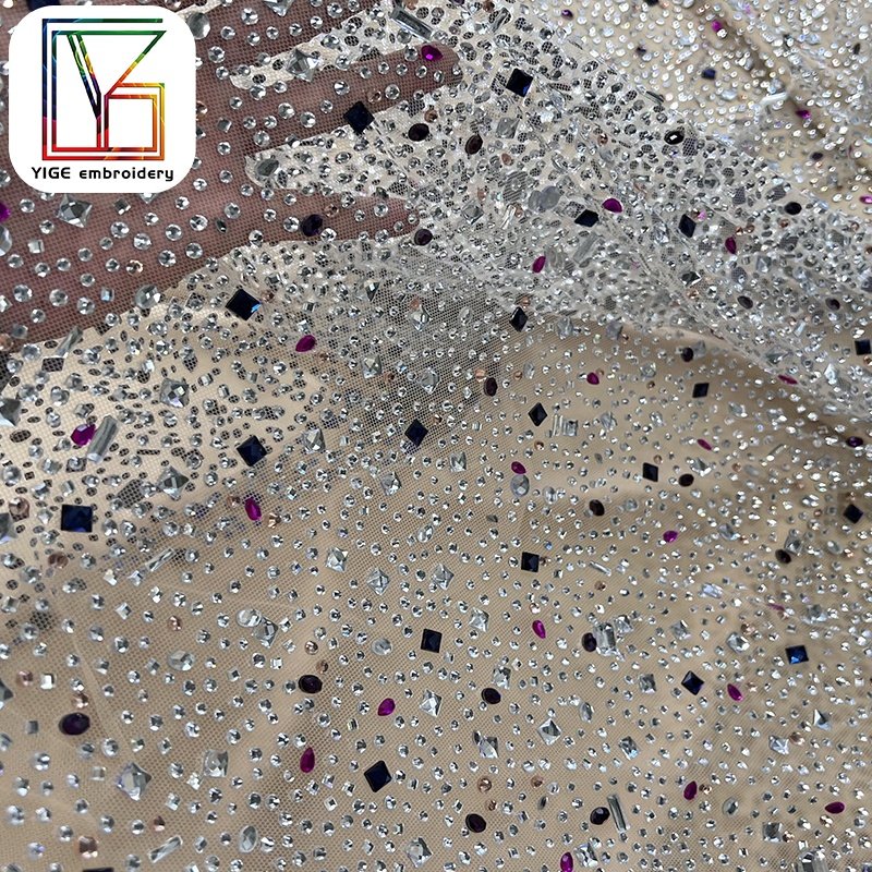 New womens swarovski crystal lace fabric Popular stone handmade crystal tulle lace rhinestone fabric
