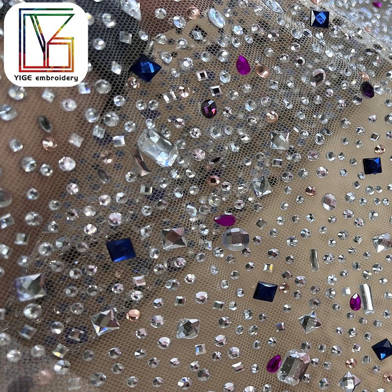 New womens swarovski crystal lace fabric Popular stone handmade crystal tulle lace rhinestone fabric