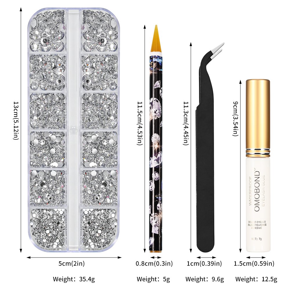 5pcs Set Nail Art Rhinestones Kit Colorful/Clear MIX Size Glass Crystals Flatback Charms Gemstone with Wax Pencil/Tweezers/Glue