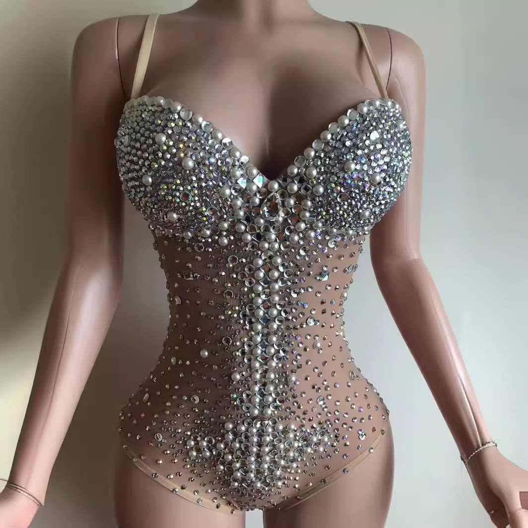 Sexy Rhinestone Pearl Stripper Outfit Pole Dance Leotard Stage Performance Mesh Jumpsuit Women Transparent Club Bodysuits