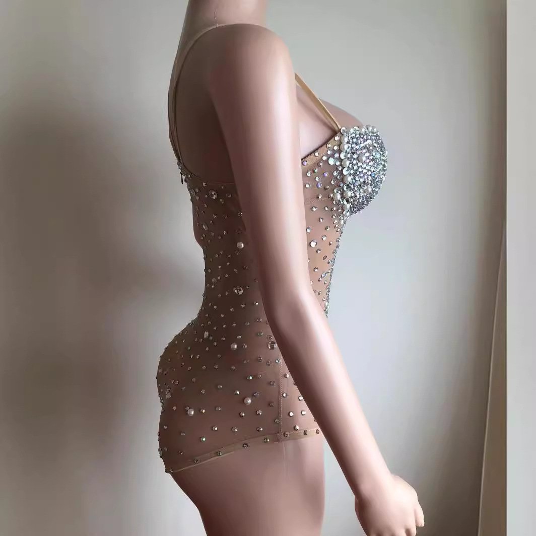 Sexy Rhinestone Pearl Stripper Outfit Pole Dance Leotard Stage Performance Mesh Jumpsuit Women Transparent Club Bodysuits