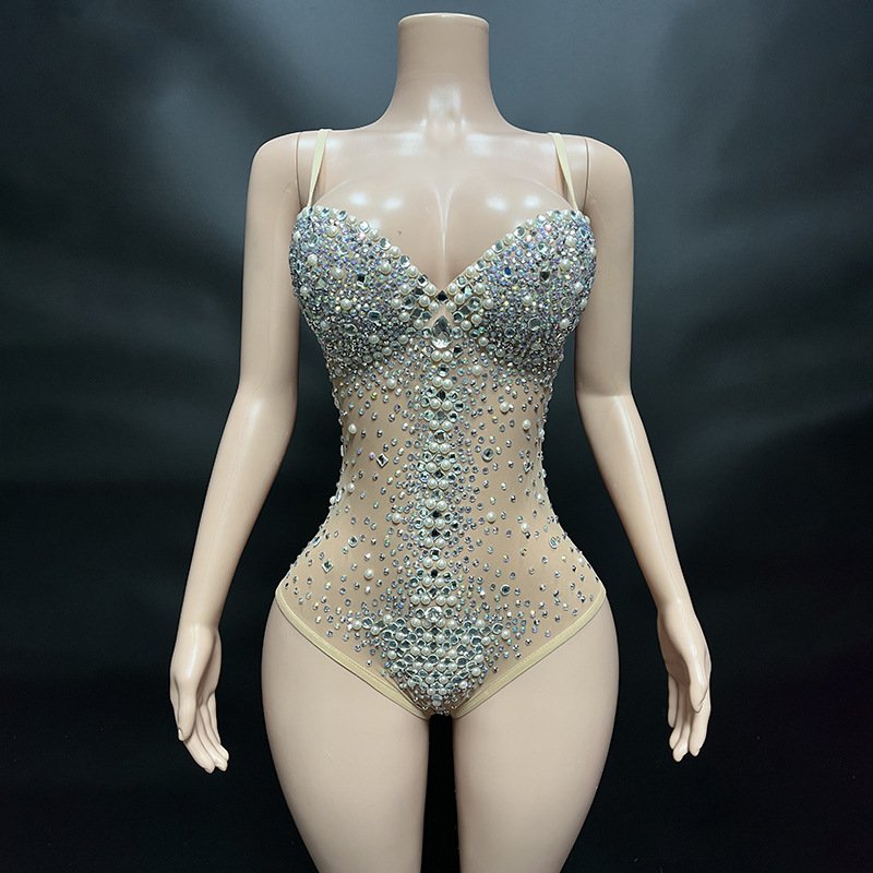 Sexy Rhinestone Pearl Stripper Outfit Pole Dance Leotard Stage Performance Mesh Jumpsuit Women Transparent Club Bodysuits