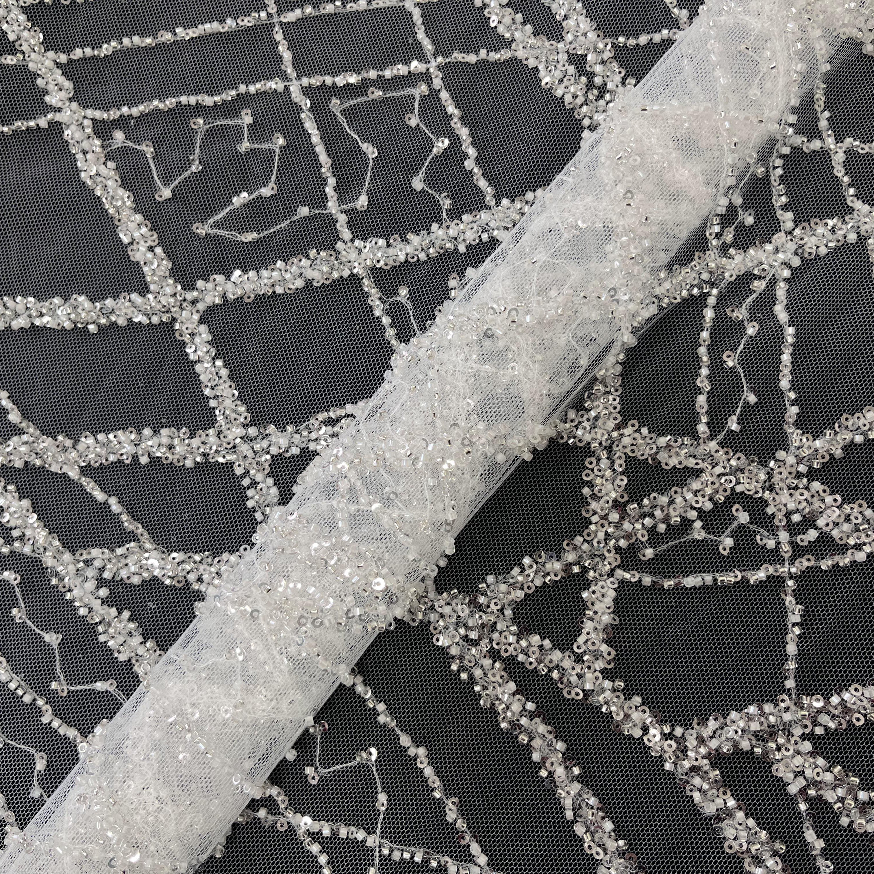 Machine beads crystal rhinestone bridal lace fabric
