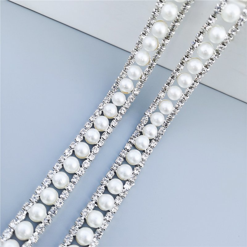 Crystal Crafts Pearl Chain Tape Ribbon Flat Back Transparent Glass Crystal Chain Rhinestone Trim Sew On