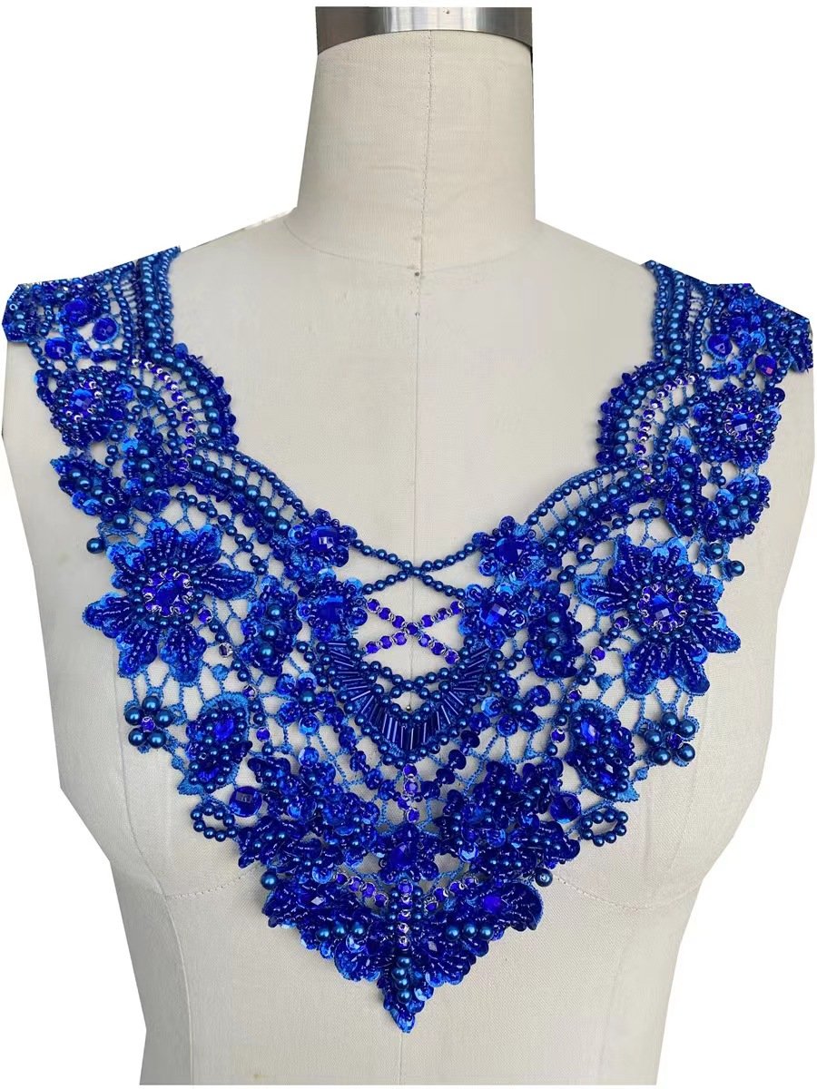 Handmade Sew On Silver Blue Gold Beaded Rhinestone Bodice Neckline Crystal Rhinestone Applique