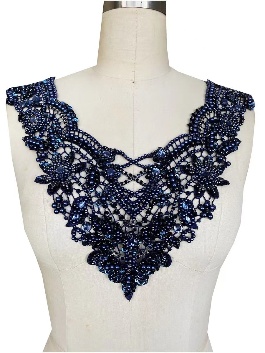 Handmade Sew On Silver Blue Gold Beaded Rhinestone Bodice Neckline Crystal Rhinestone Applique