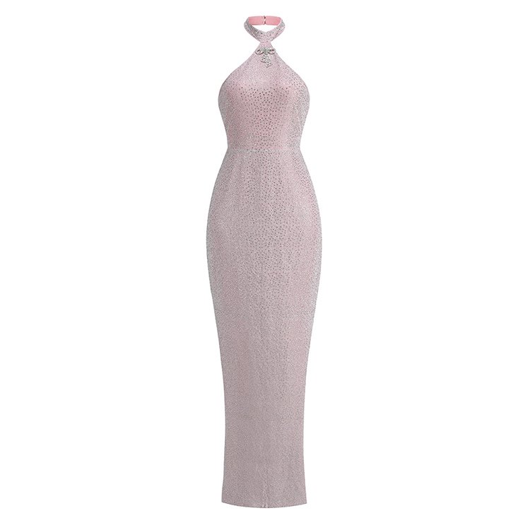 2024 Summer Evening Sexy Hanging Neck Backless Elegant Long Beaded Rhinestone Women'S Party Dress