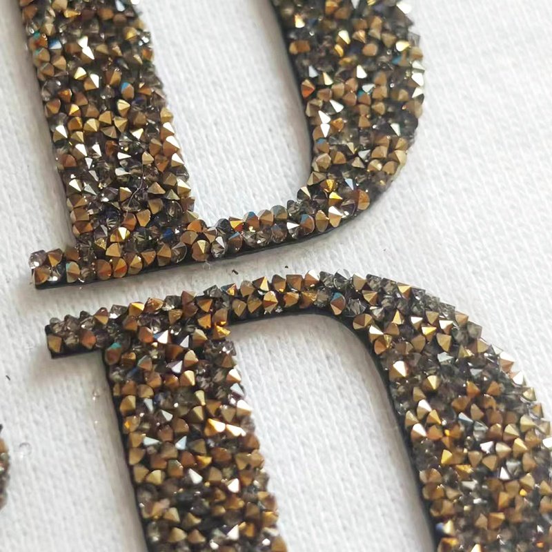 High-quality crystal diamonds shiny black letters badges Factory Custom rhinestone heat transfer labels for t-shirts