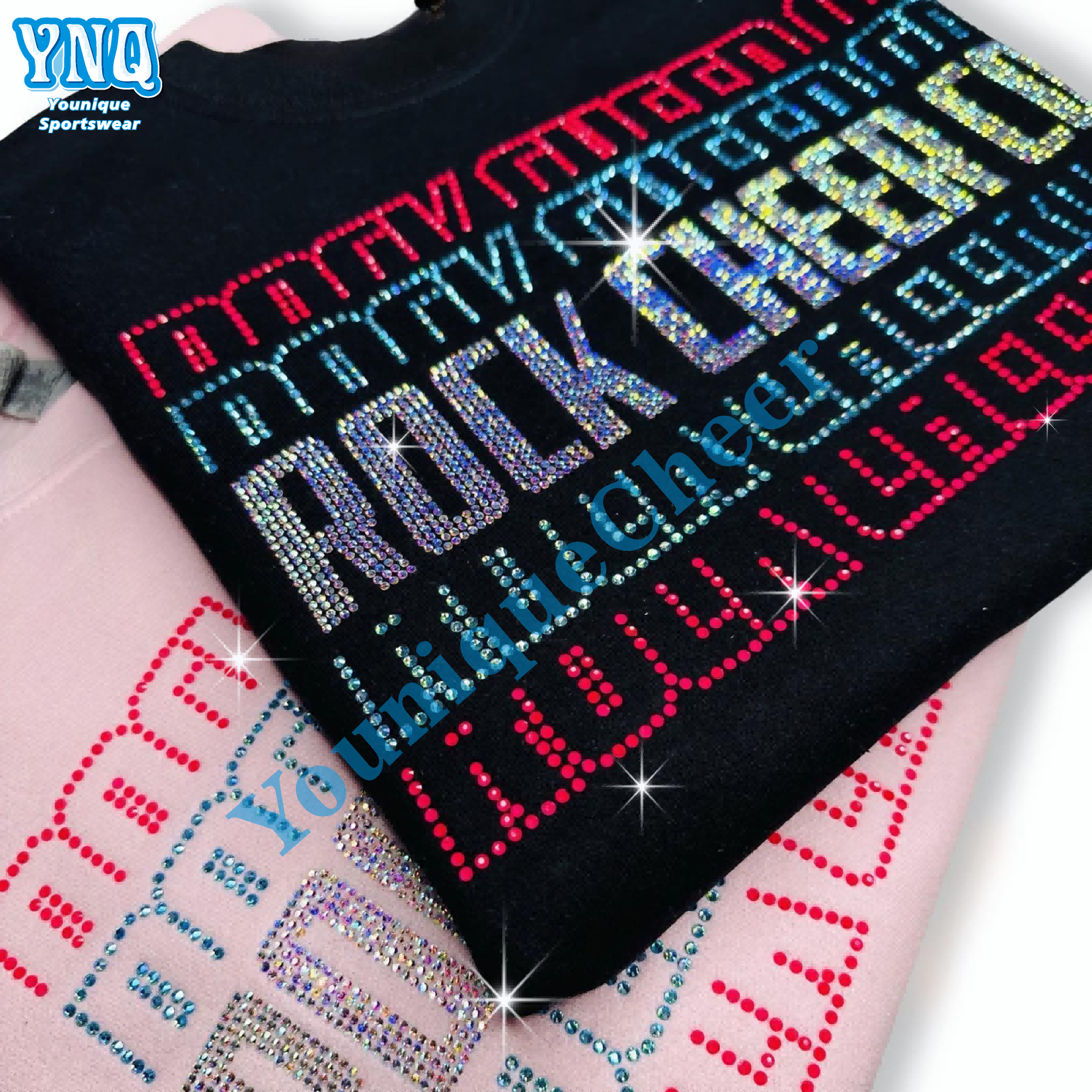 Free Design Cheer Bling Hotfix Custom Rhinestone Heat Transfer Design Iron On T-shirt