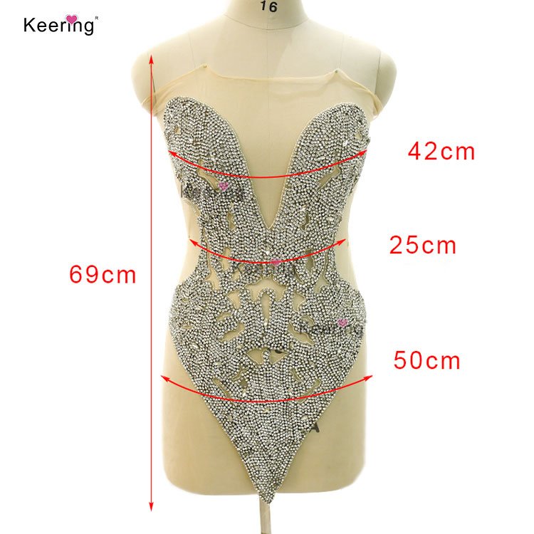 WDP-432 Keering Newest Silver Rhinestone Bodice Appliques Handmade Bodice Applique Luxury Crystal Applique For Ball
