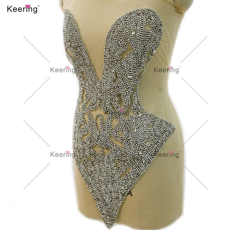 WDP-432 Keering Newest Silver Rhinestone Bodice Appliques Handmade Bodice Applique Luxury Crystal Applique For Ball
