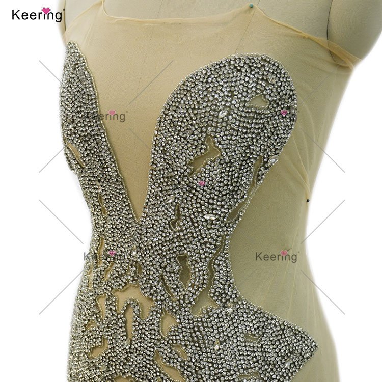 WDP-432 Keering Newest Silver Rhinestone Bodice Appliques Handmade Bodice Applique Luxury Crystal Applique For Ball