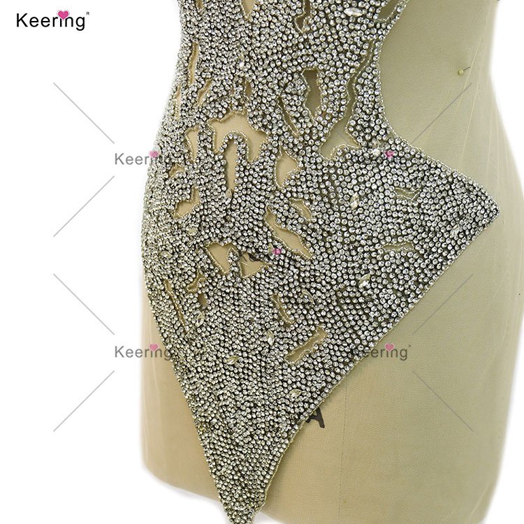 WDP-432 Keering Newest Silver Rhinestone Bodice Appliques Handmade Bodice Applique Luxury Crystal Applique For Ball