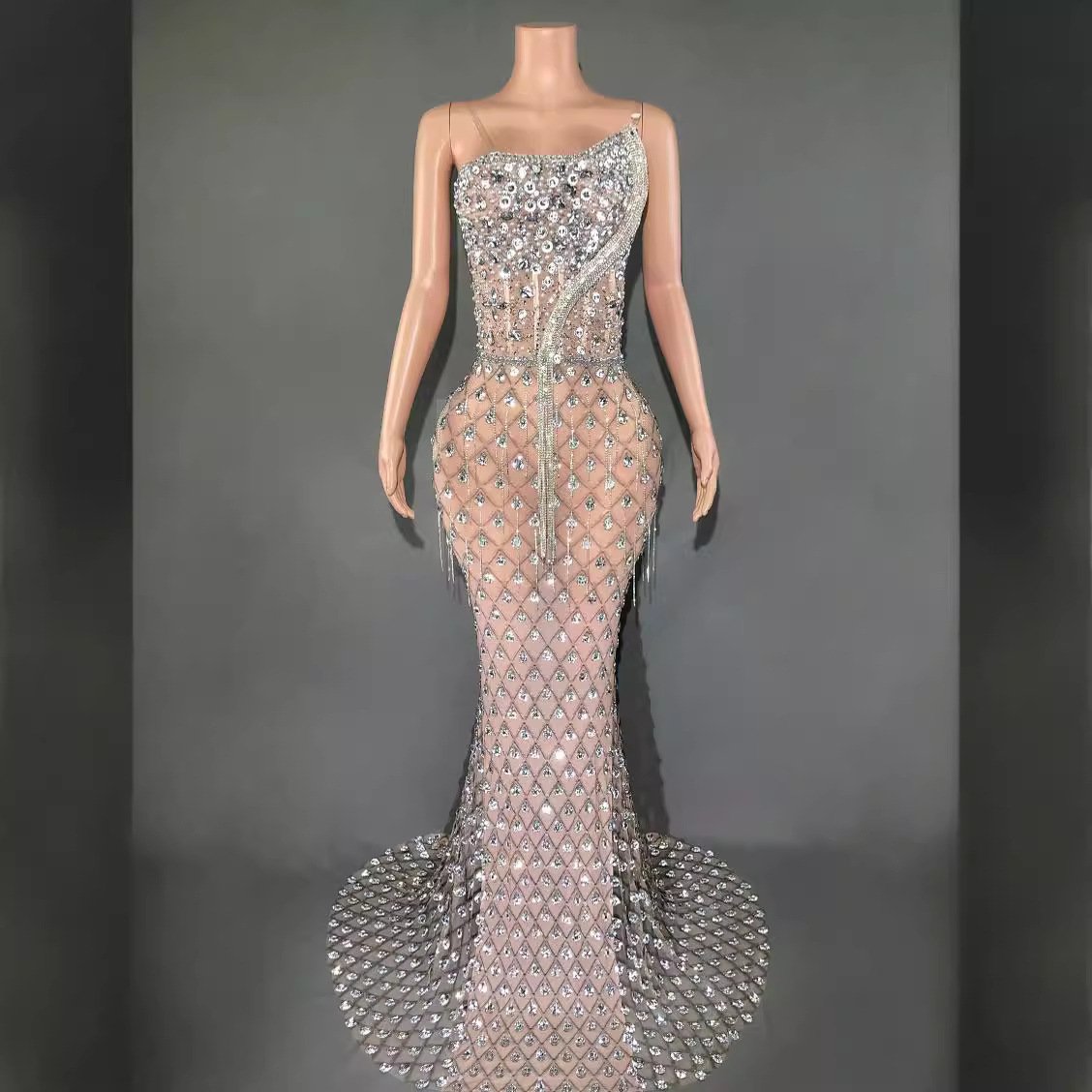 2024 New Heavy Industry Luxury Sexy Full Diamond Tight Rhinestone Shining Dress Long Dress Tail Tassel Dress