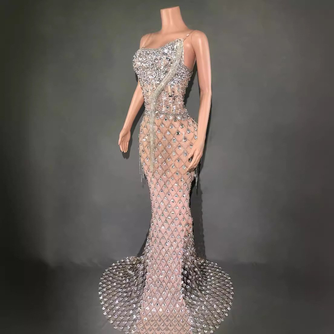 2024 New Heavy Industry Luxury Sexy Full Diamond Tight Rhinestone Shining Dress Long Dress Tail Tassel Dress