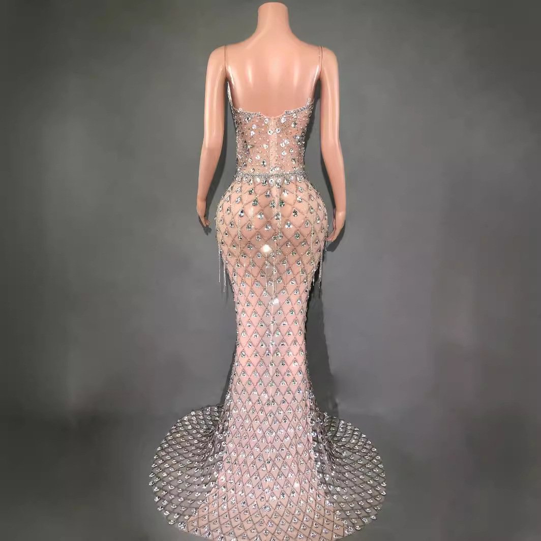 2024 New Heavy Industry Luxury Sexy Full Diamond Tight Rhinestone Shining Dress Long Dress Tail Tassel Dress