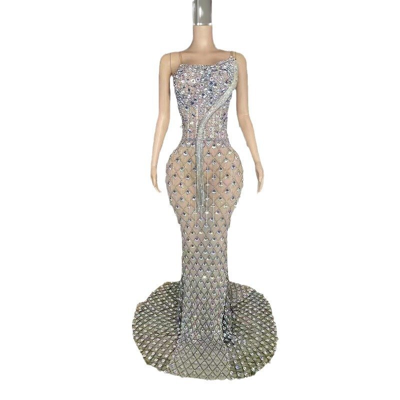 2024 New Heavy Industry Luxury Sexy Full Diamond Tight Rhinestone Shining Dress Long Dress Tail Tassel Dress