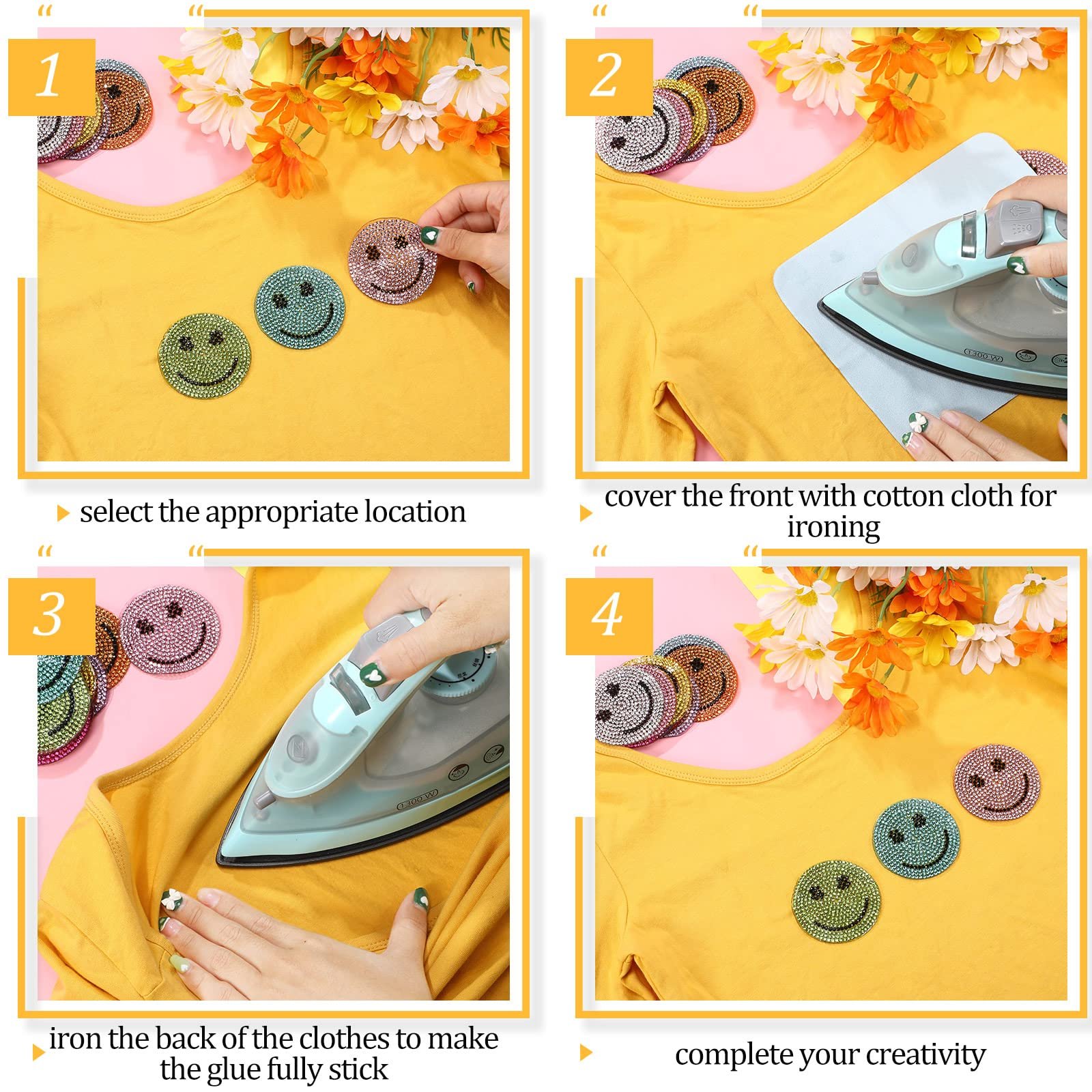 Luxury design pearls sequins rhinestone applique iron on patch glitter smiley face patches