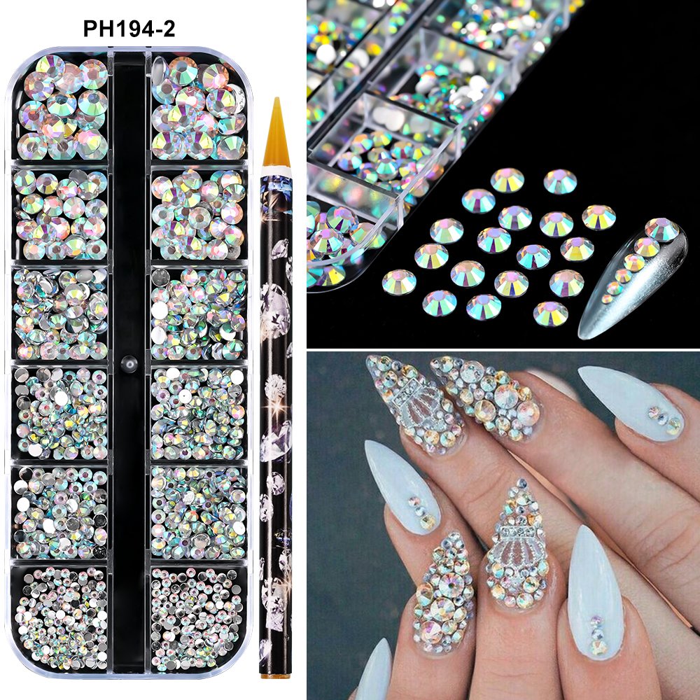 12Grid Multi Size Glass Nail Rhinestones Mixed Colors Flat-back Strass 3D Charm +Nail Dotting Pen DIY Manicure Nail Decoration