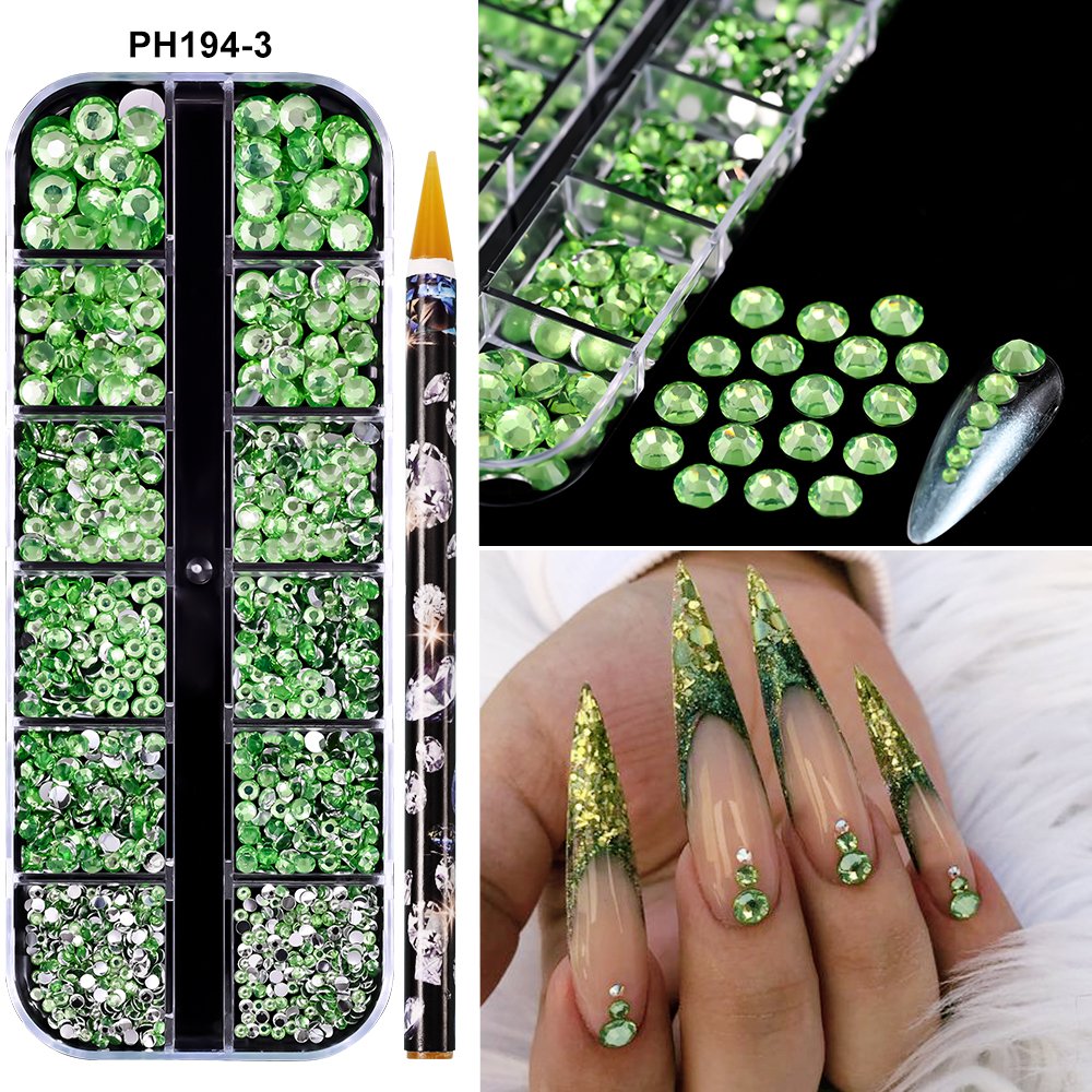 12Grid Multi Size Glass Nail Rhinestones Mixed Colors Flat-back Strass 3D Charm +Nail Dotting Pen DIY Manicure Nail Decoration