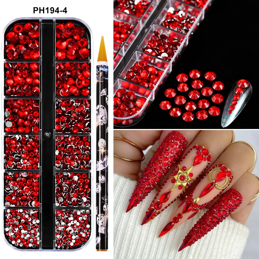 12Grid Multi Size Glass Nail Rhinestones Mixed Colors Flat-back Strass 3D Charm +Nail Dotting Pen DIY Manicure Nail Decoration