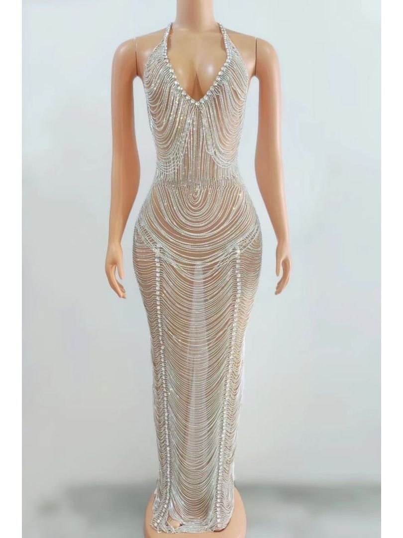 LIANMENG AB758 Sleeveless Black Evening Dress Sparkling Crystal Sexy Backless Nightclub Rhinestone Chain Prom Dress