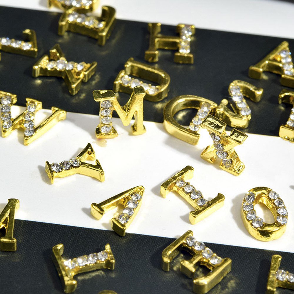 26PCS DIY Golden Alphabet Lettering Nail Art Letters Decoration Metal Glitters with Rhinestone