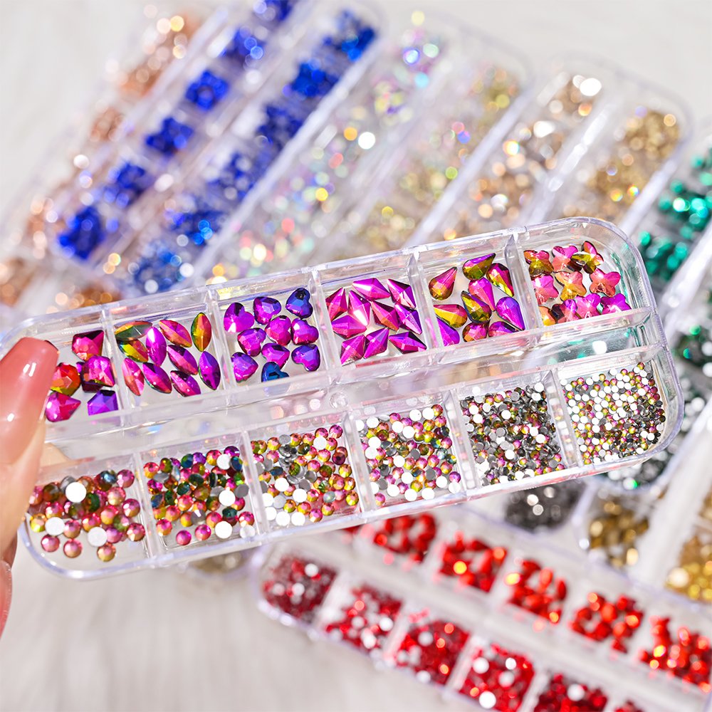 12Gird AB Crystal Nail Rhinestones Charms Flatback Mixed Shape Stones Nail Diamond Jewelry Set for Nail Art Decorations PH140