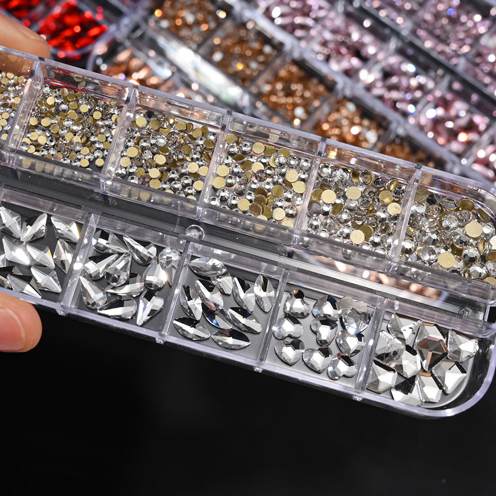 12Gird AB Crystal Nail Rhinestones Charms Flatback Mixed Shape Stones Nail Diamond Jewelry Set for Nail Art Decorations PH140