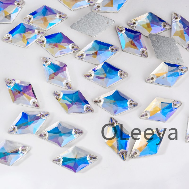 OLeeya Wholesale Glass Sew-On Rhinestones Moonlight Color Rhombus Shape Bikini Stones Decoration Crystals for Leotards Dress