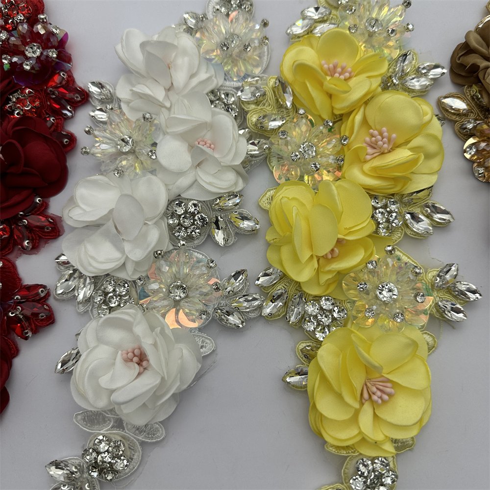 New design handmade 3d flowers sew on applique embroidery rhinestone patch for wedding dress