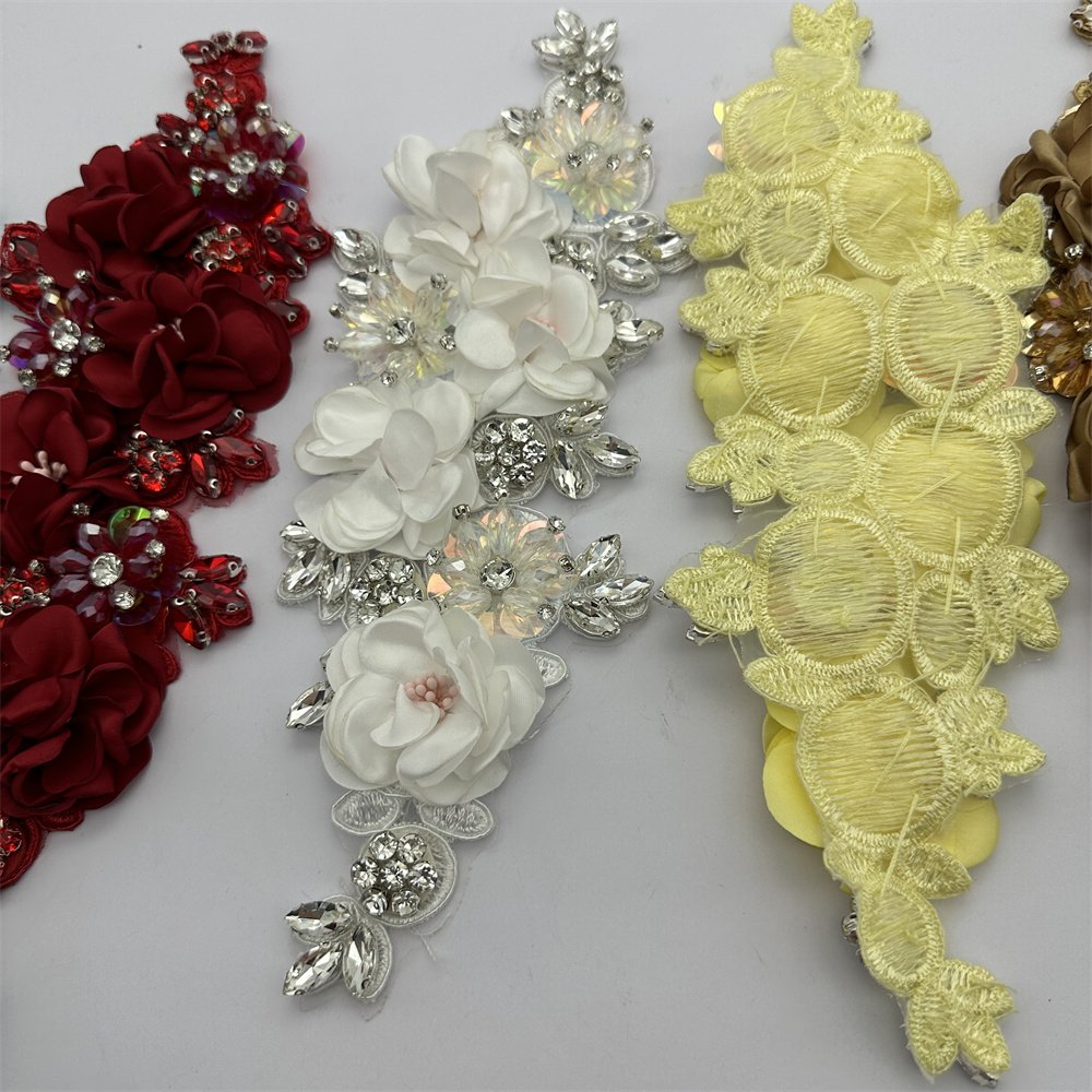 New design handmade 3d flowers sew on applique embroidery rhinestone patch for wedding dress